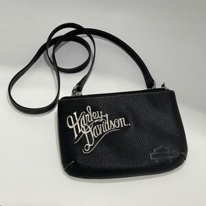 Harley Davidson Black Pebbled Leather Embroidered Crossbody Bag Silver Trim